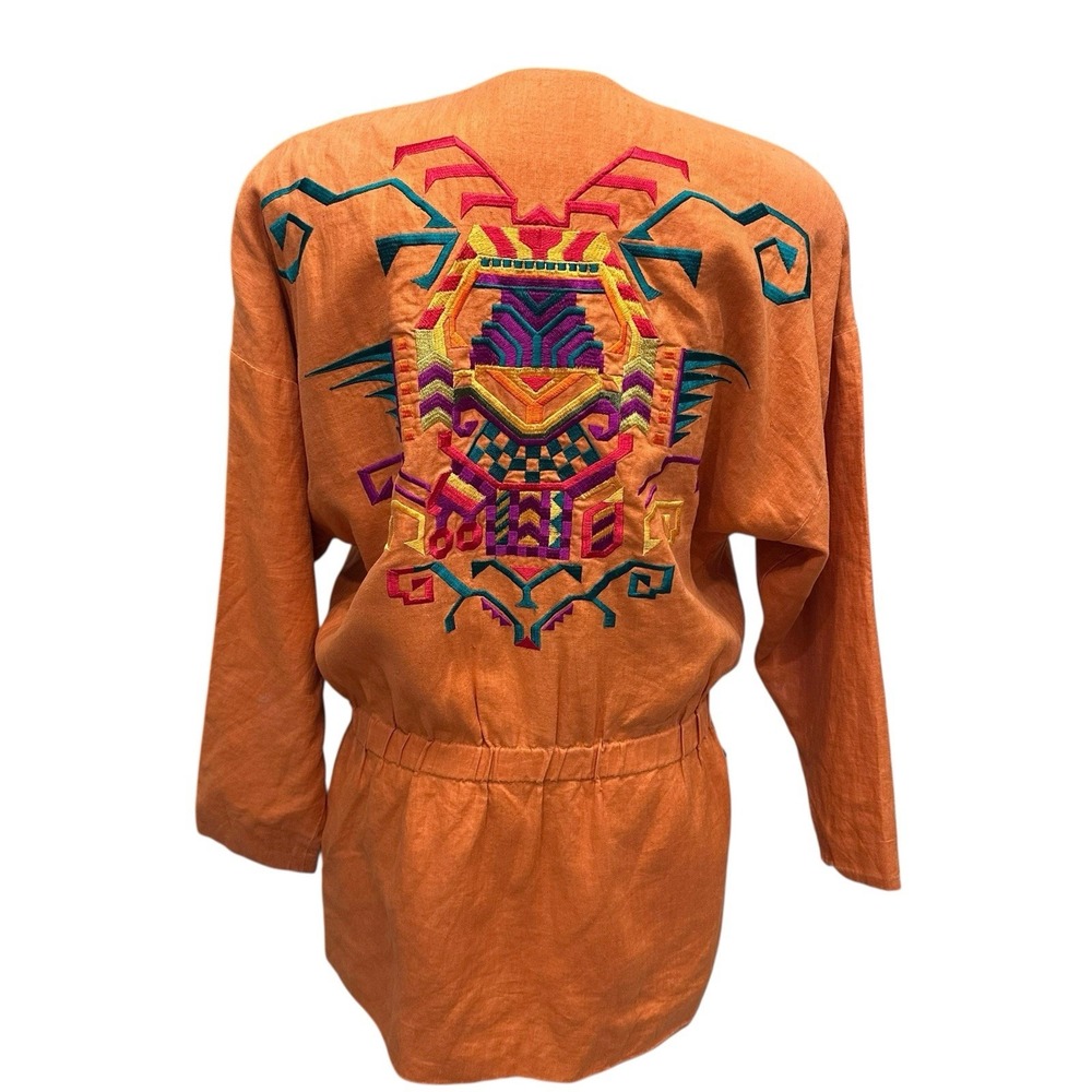 Ellen Tracy Women Size 2 Linen Jacket Orange Embroidered Aztec Tribal Native